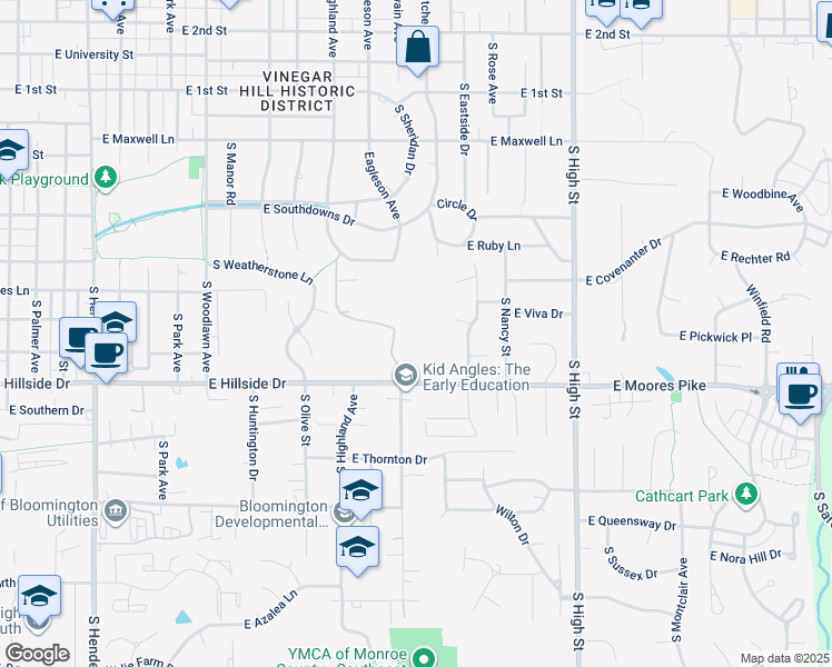 map of restaurants, bars, coffee shops, grocery stores, and more near 1501 East Hillside Drive in Bloomington