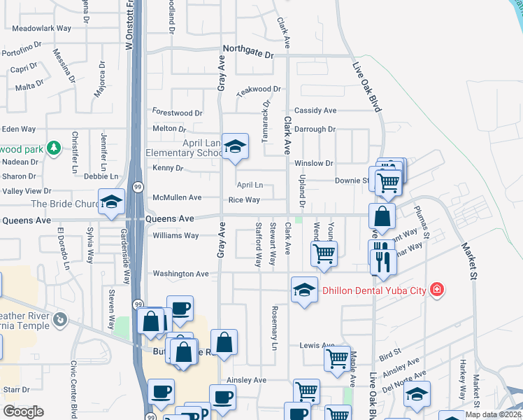 map of restaurants, bars, coffee shops, grocery stores, and more near 748 Queens Avenue in Yuba City