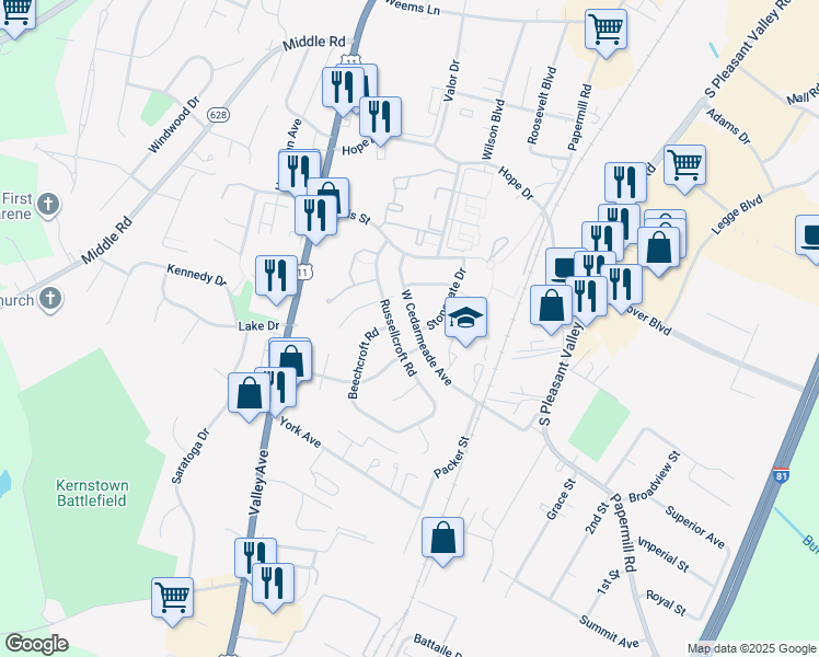 map of restaurants, bars, coffee shops, grocery stores, and more near 305 West Cedarmeade Avenue in Winchester