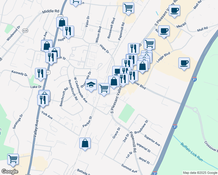 map of restaurants, bars, coffee shops, grocery stores, and more near 2637 Papermill Road in Winchester