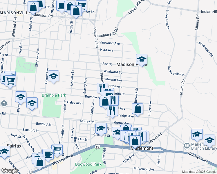 map of restaurants, bars, coffee shops, grocery stores, and more near 6815 Britton Avenue in Cincinnati