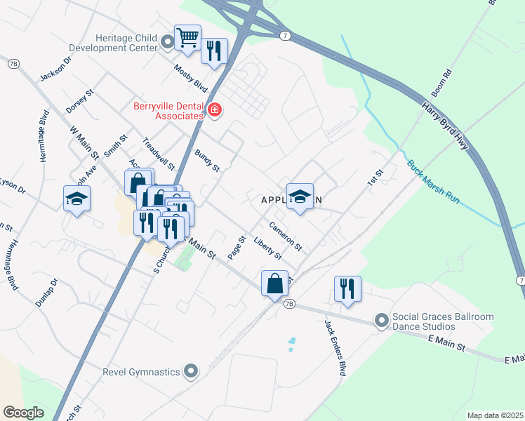 map of restaurants, bars, coffee shops, grocery stores, and more near 203 Page Street in Berryville
