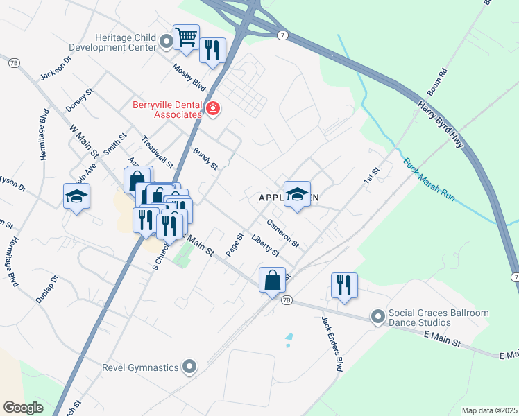 map of restaurants, bars, coffee shops, grocery stores, and more near 203 Page Street in Berryville