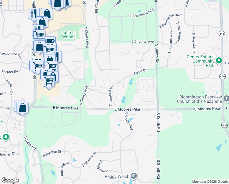 map of restaurants, bars, coffee shops, grocery stores, and more near 1341 South Fenbrook Lane in Bloomington