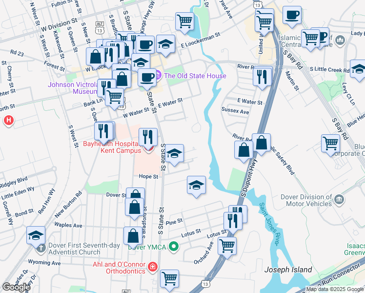 map of restaurants, bars, coffee shops, grocery stores, and more near 631 South State Street in Dover
