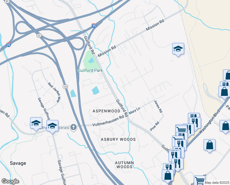 map of restaurants, bars, coffee shops, grocery stores, and more near 10019 Guilford Road in Jessup