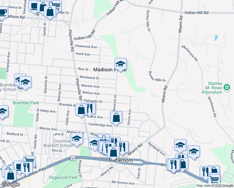 map of restaurants, bars, coffee shops, grocery stores, and more near 7004 Palmetto Street in Cincinnati