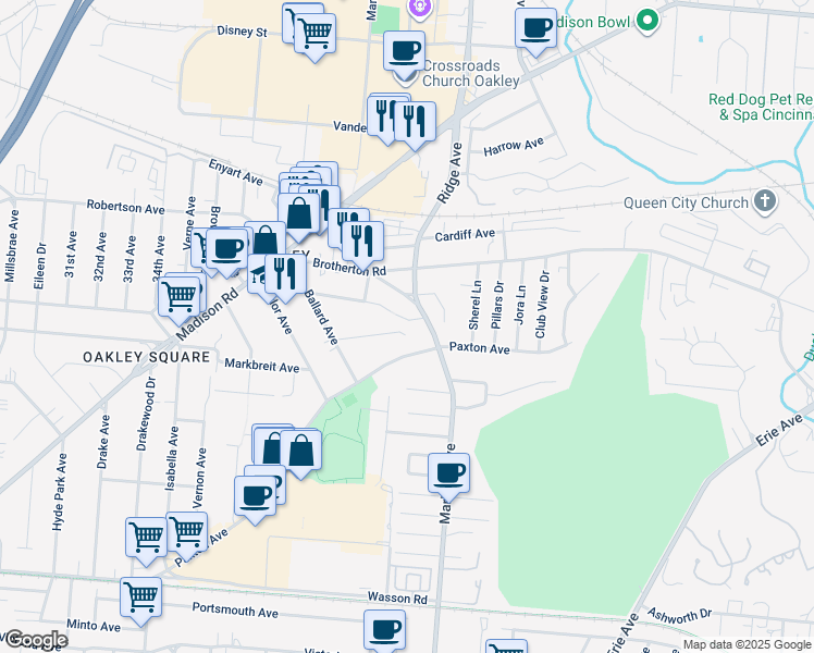 map of restaurants, bars, coffee shops, grocery stores, and more near in Cincinnati