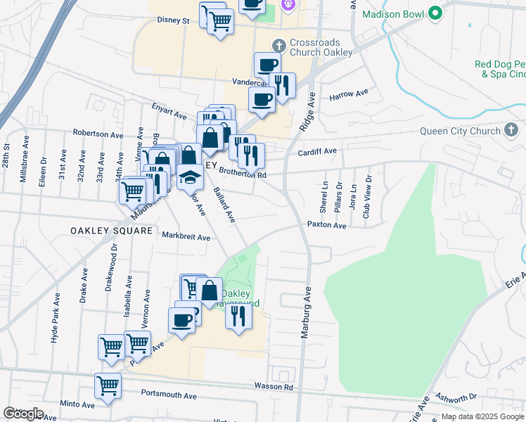 map of restaurants, bars, coffee shops, grocery stores, and more near 3235 Berwyn Place in Cincinnati