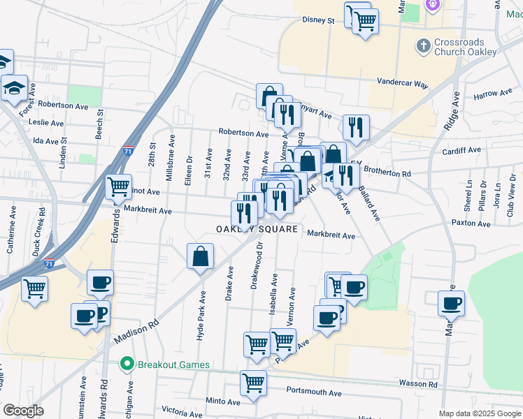 map of restaurants, bars, coffee shops, grocery stores, and more near in Cincinnati
