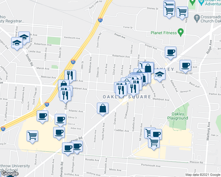 map of restaurants, bars, coffee shops, grocery stores, and more near 2865 Markbreit Avenue in Cincinnati
