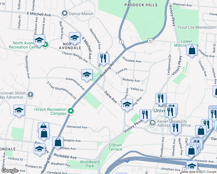 map of restaurants, bars, coffee shops, grocery stores, and more near 927 Dana Avenue in Cincinnati