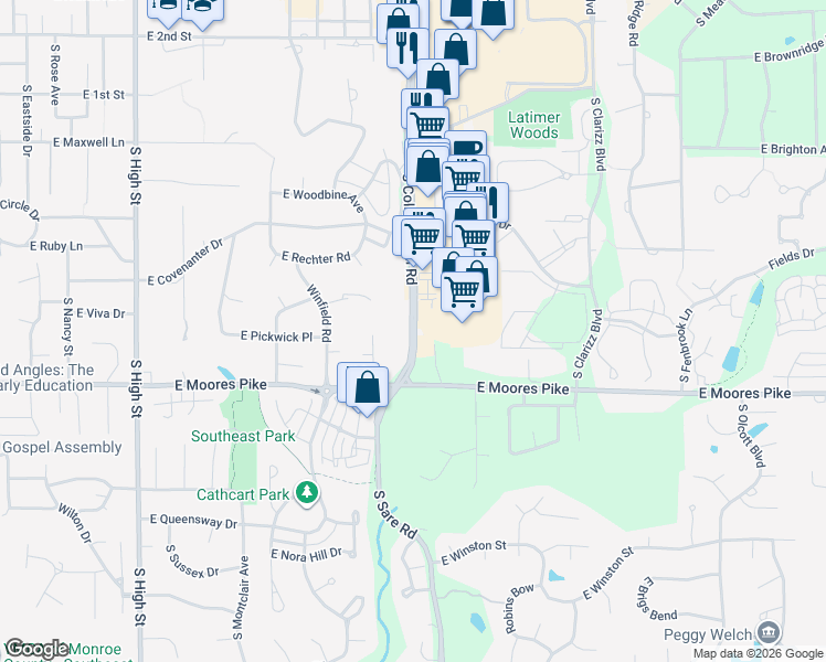 map of restaurants, bars, coffee shops, grocery stores, and more near 1372 South College Mall Road in Bloomington