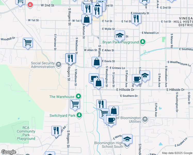 map of restaurants, bars, coffee shops, grocery stores, and more near 1315 South Walnut Street in Bloomington