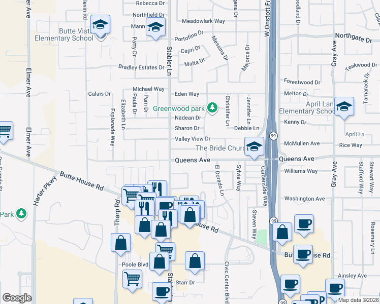 map of restaurants, bars, coffee shops, grocery stores, and more near 1550 Queens Avenue in Yuba City