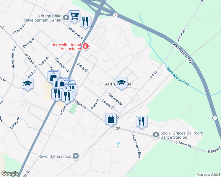 map of restaurants, bars, coffee shops, grocery stores, and more near 834 Kentland Lane in Berryville