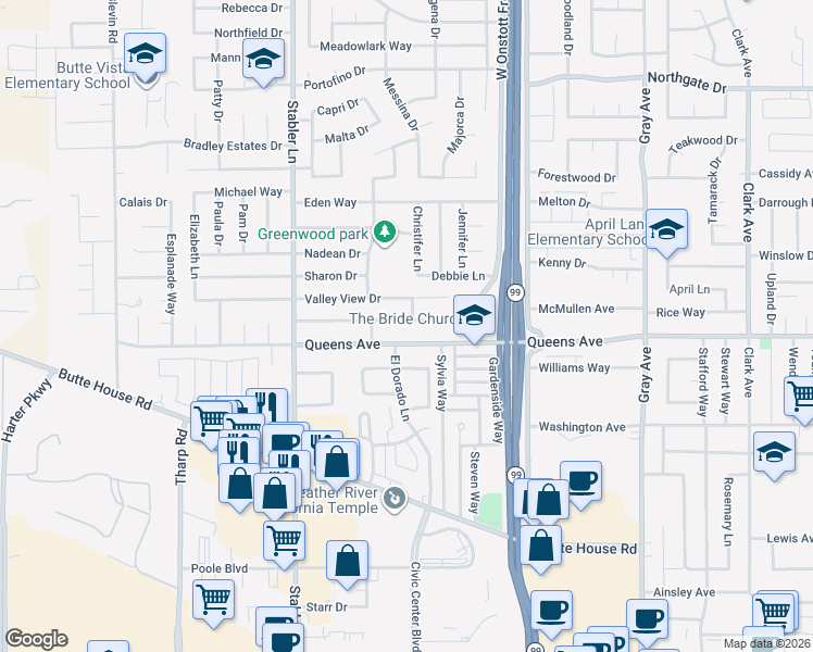 map of restaurants, bars, coffee shops, grocery stores, and more near 1440 Queens Avenue in Yuba City