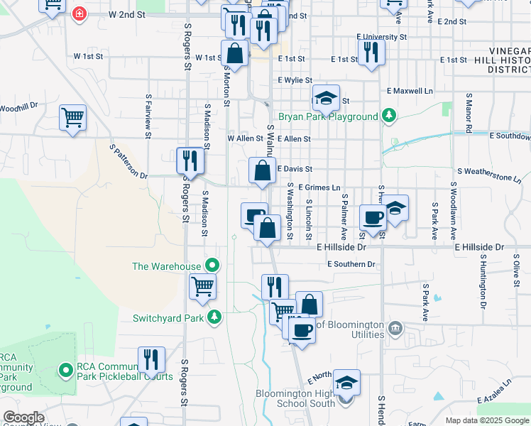 map of restaurants, bars, coffee shops, grocery stores, and more near 1315 South Walnut Street in Bloomington