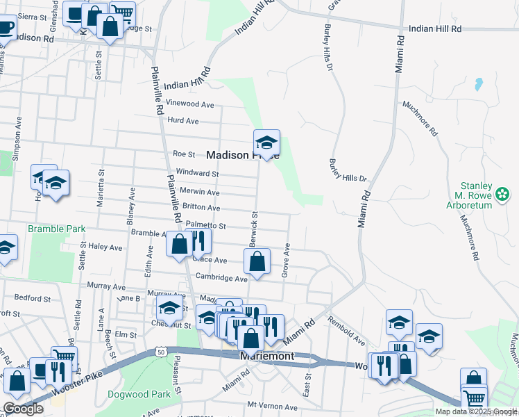 map of restaurants, bars, coffee shops, grocery stores, and more near 7004 Palmetto Street in Cincinnati