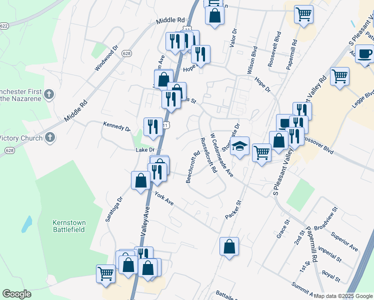 map of restaurants, bars, coffee shops, grocery stores, and more near 419 Crescent Drive in Winchester