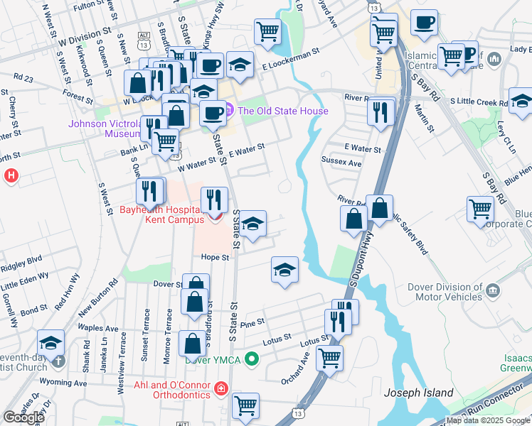 map of restaurants, bars, coffee shops, grocery stores, and more near 625 South State Street in Dover