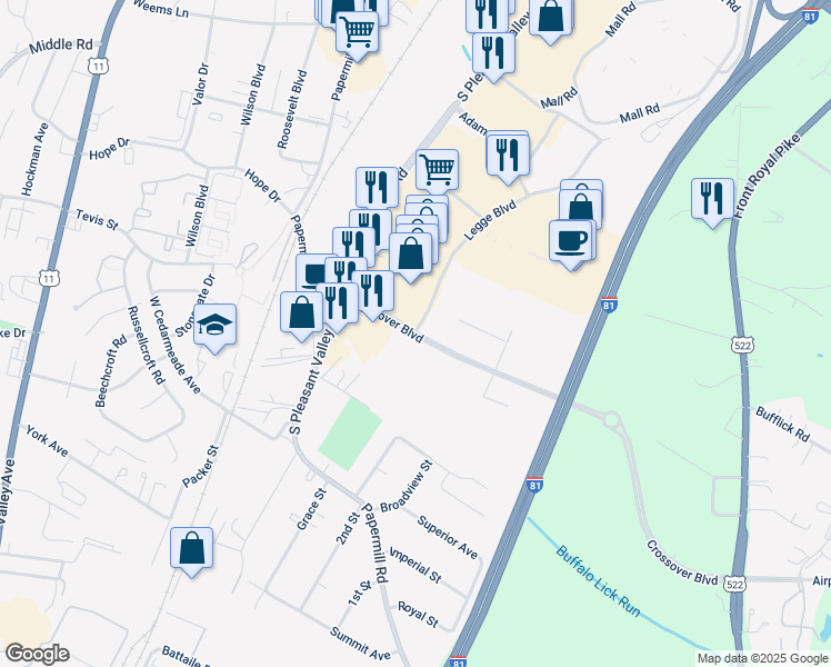 map of restaurants, bars, coffee shops, grocery stores, and more near 2340 Legge Boulevard in Winchester