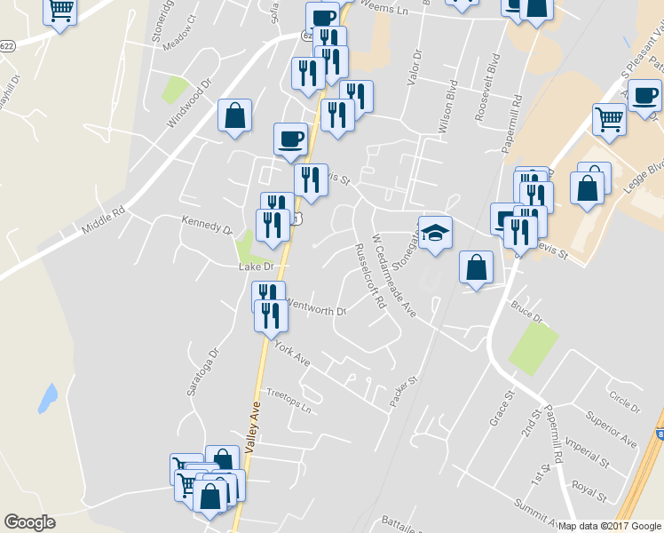 map of restaurants, bars, coffee shops, grocery stores, and more near 419 Crescent Drive in Winchester
