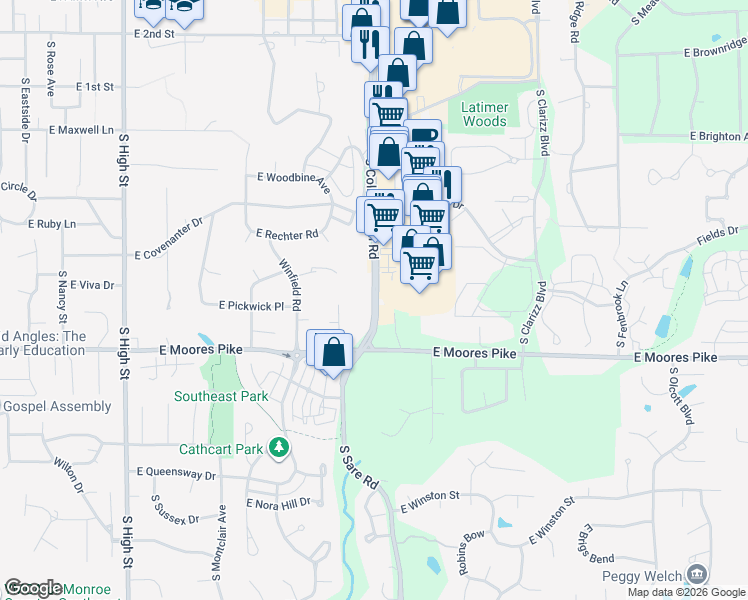 map of restaurants, bars, coffee shops, grocery stores, and more near 1372 South College Mall Road in Bloomington