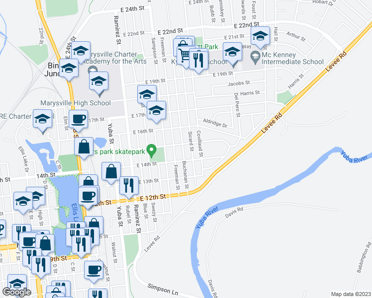 map of restaurants, bars, coffee shops, grocery stores, and more near 1423 Buchanan Street in Marysville