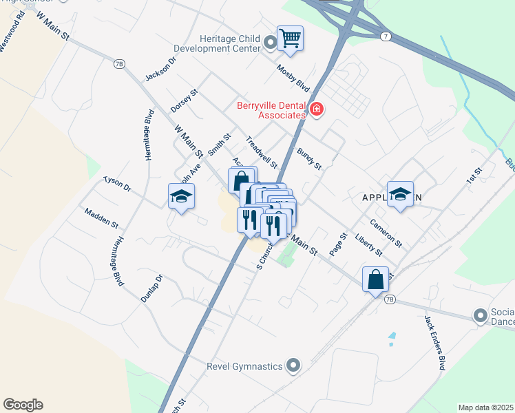 map of restaurants, bars, coffee shops, grocery stores, and more near 102 West Main Street in Berryville