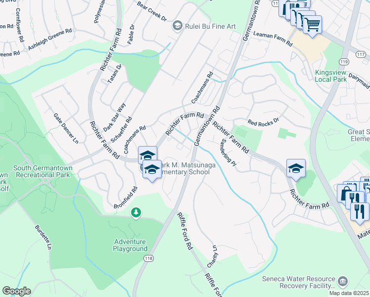 map of restaurants, bars, coffee shops, grocery stores, and more near 41 Chatterly Court in Germantown