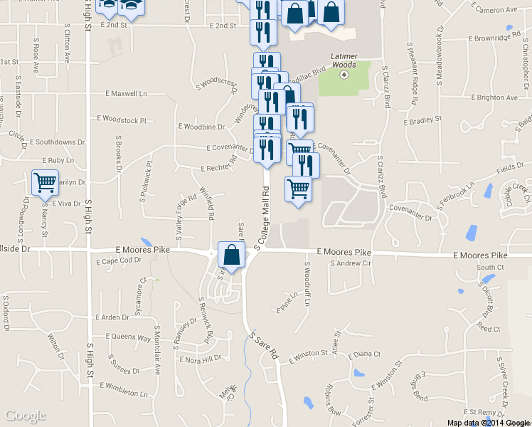 map of restaurants, bars, coffee shops, grocery stores, and more near 1372 South College Mall Road in Bloomington