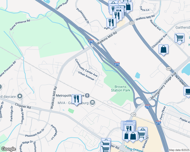 map of restaurants, bars, coffee shops, grocery stores, and more near 357 Community Center Avenue in Gaithersburg