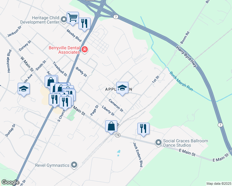 map of restaurants, bars, coffee shops, grocery stores, and more near 218 Moore Drive in Berryville