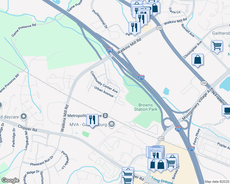 map of restaurants, bars, coffee shops, grocery stores, and more near 357 Community Center Avenue in Gaithersburg