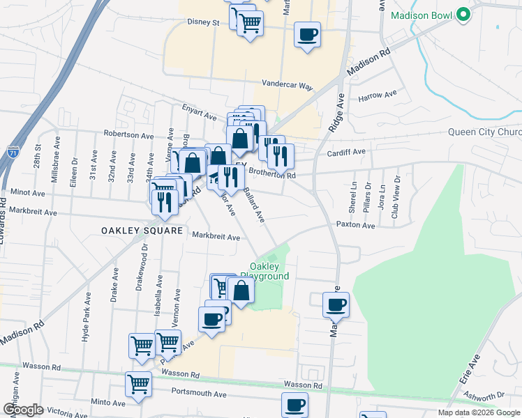 map of restaurants, bars, coffee shops, grocery stores, and more near 4010 Ballard Avenue in Cincinnati