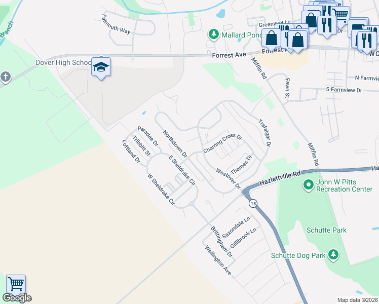 map of restaurants, bars, coffee shops, grocery stores, and more near 259 Northdown Drive in Dover