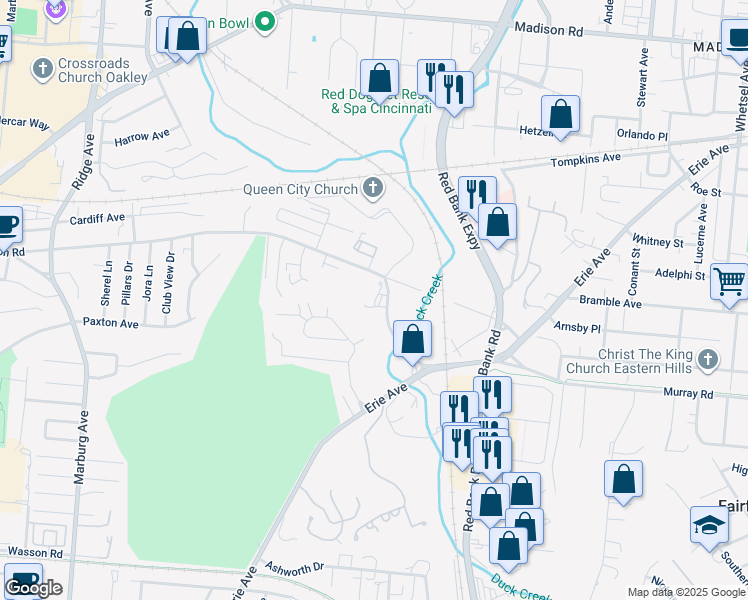map of restaurants, bars, coffee shops, grocery stores, and more near 1 Broadview Place in Cincinnati