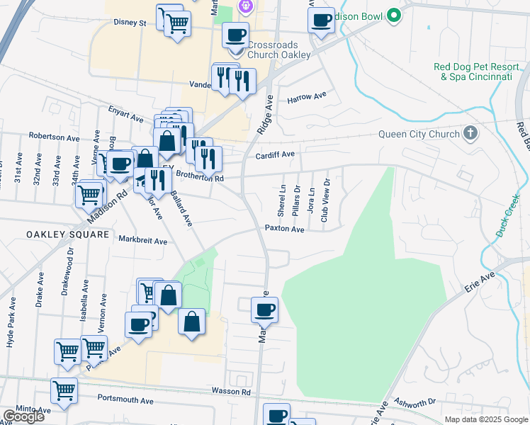 map of restaurants, bars, coffee shops, grocery stores, and more near 4112 Paxton Avenue in Cincinnati