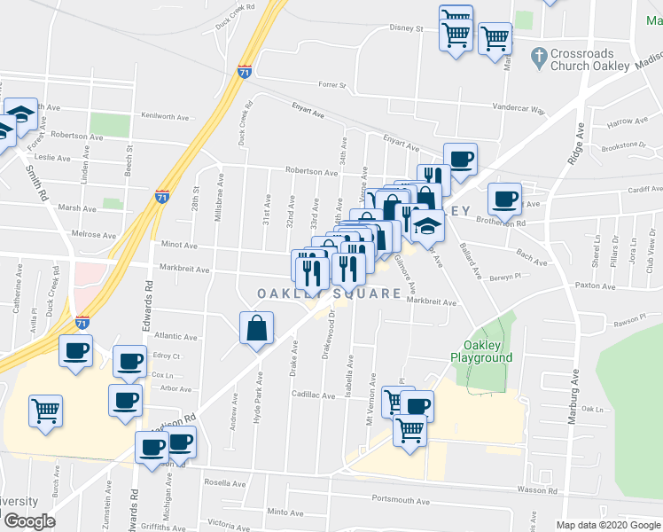 map of restaurants, bars, coffee shops, grocery stores, and more near in Cincinnati