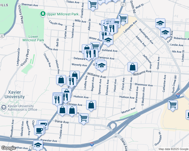 map of restaurants, bars, coffee shops, grocery stores, and more near 3950 Regent Avenue in Cincinnati