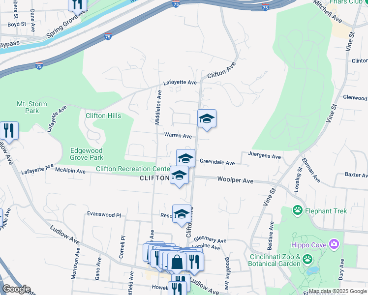 map of restaurants, bars, coffee shops, grocery stores, and more near 3755 Clifton Avenue in Cincinnati