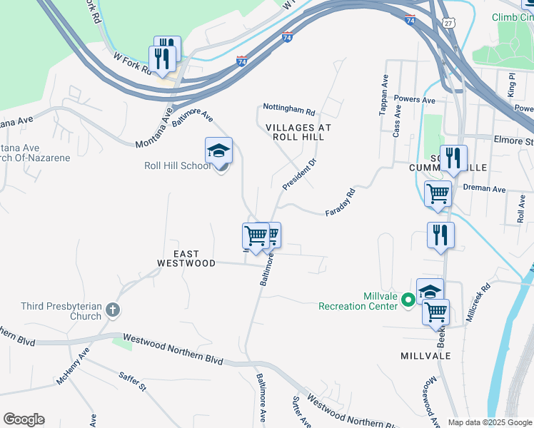 map of restaurants, bars, coffee shops, grocery stores, and more near 2355 Baltimore Avenue in Cincinnati