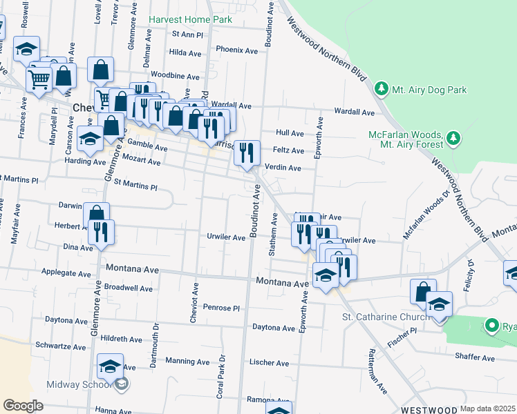 map of restaurants, bars, coffee shops, grocery stores, and more near 3470 Boudinot Avenue in Cincinnati