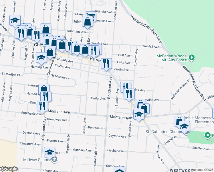 map of restaurants, bars, coffee shops, grocery stores, and more near 3470 Boudinot Avenue in Cincinnati
