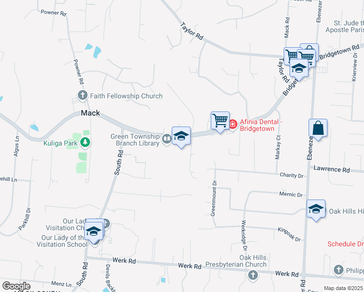 map of restaurants, bars, coffee shops, grocery stores, and more near 6481 Bridgetown Road in Cincinnati