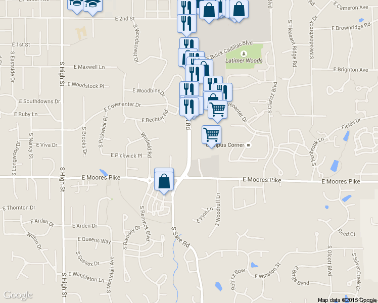 map of restaurants, bars, coffee shops, grocery stores, and more near 1372 South College Mall Road in Bloomington
