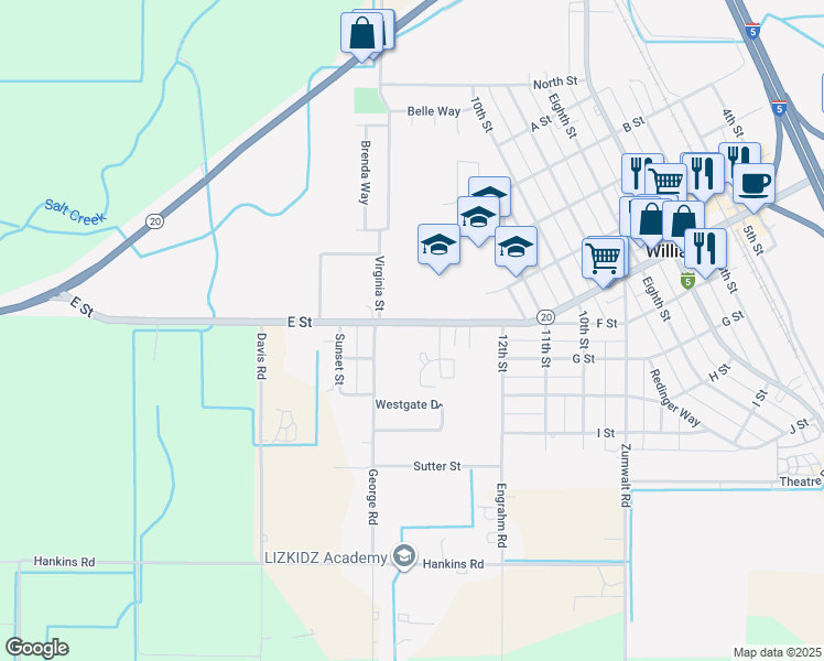 map of restaurants, bars, coffee shops, grocery stores, and more near 1435 E Street in Williams