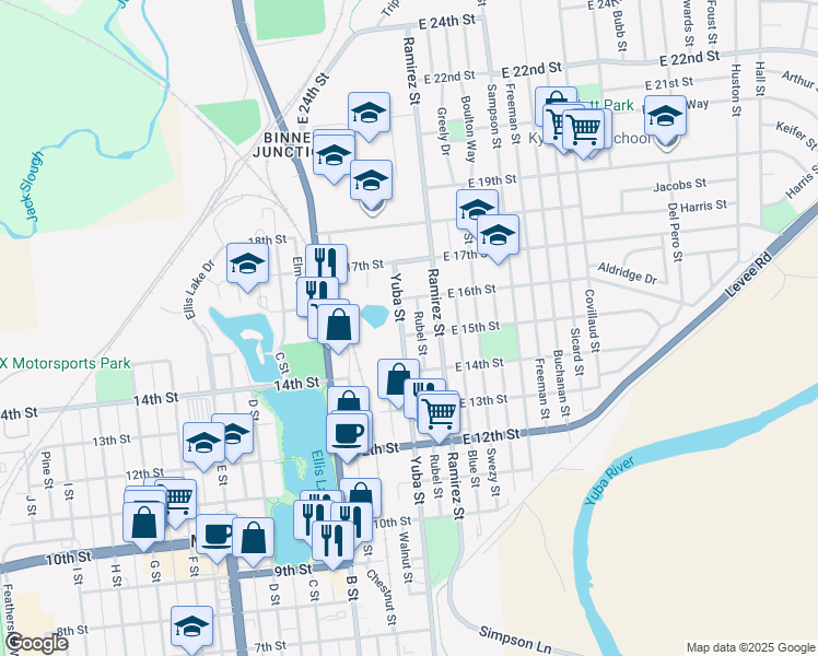 map of restaurants, bars, coffee shops, grocery stores, and more near 1501 Yuba Street in Marysville