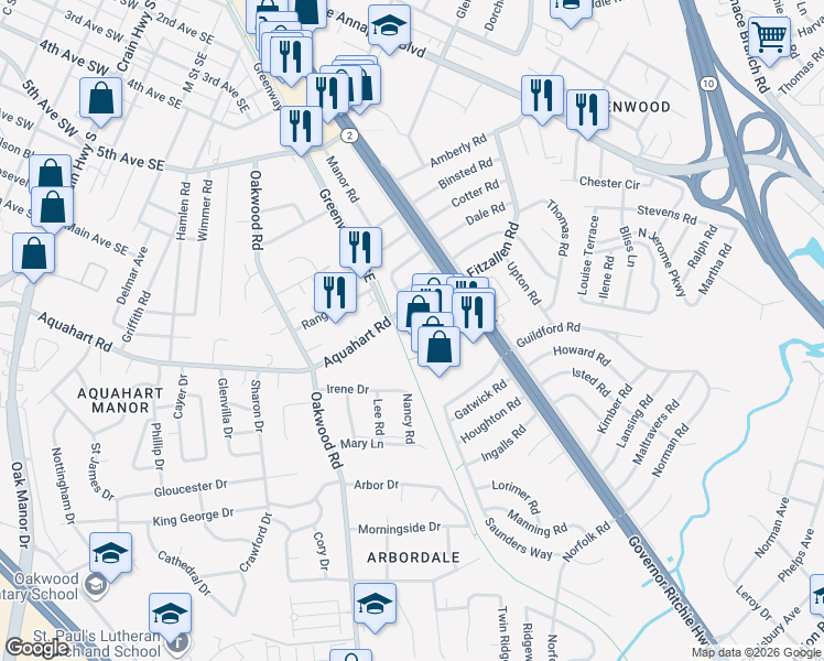 map of restaurants, bars, coffee shops, grocery stores, and more near 805 Aquahart Road in Glen Burnie